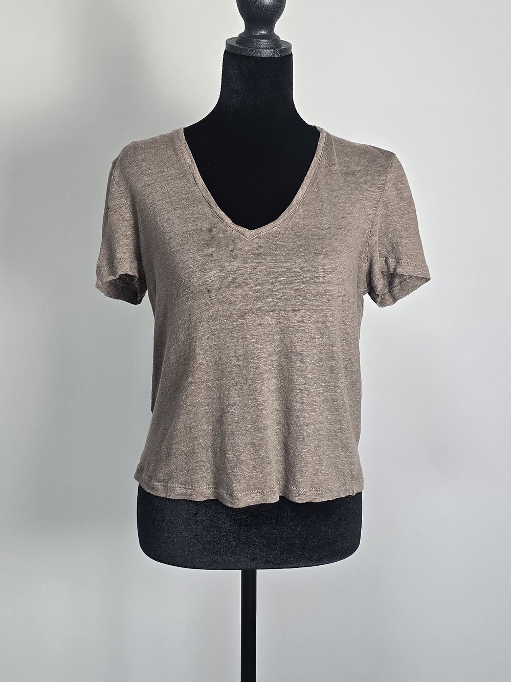 Mango Short Sleeve V-Neck Top in Taupe